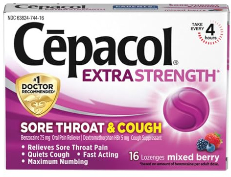 Cepacol Extra Strength Sore Throat Relief Lozenges, Mixed Berry Cough Drops, Maximum Numbing- Fast Acting Sore Throat & Canker Sore Relief with Dextromethorphan & Benzocaine, 16 Count