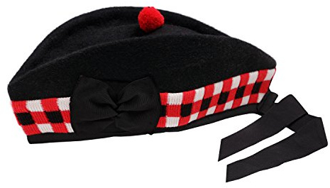 Schottischer Pfeifer-Hut, aus reiner Wolle, schwarze Hochlandmütze Gr. 52, schwarz / rot / weiß