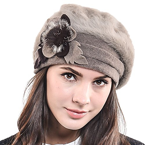 HISSHE Damen Barette Künstler Wolle Baskenmütze Angora Beanie Winter Mütze BR022 (Khaki)