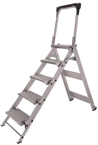 Svelt Svelt Sgabello Industriale Professionale Richiudibile in Alluminio a Tronco Unico – 5 Gradini Antiscivolo, Guarda-Corpo, Ruote, Vaschetta Porta-Attrezzi – Certificato