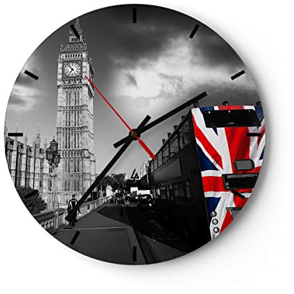 Modern Wanduhr Bus London Big Ben Gebäude 30x30cm Rund Klein Wand Uhr Glas Analog Zimmeruhren Küche Büro Wohnzimmer Glasuhr Wall Clock Dekoration Design Wanddekoration Küchenuhr C3AR30x30-2670