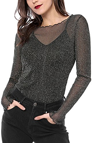 Allegra K Women's Christmas Costume Glitter Mesh See Through Party Top with Spaghetti Strap Camisole Black M-12