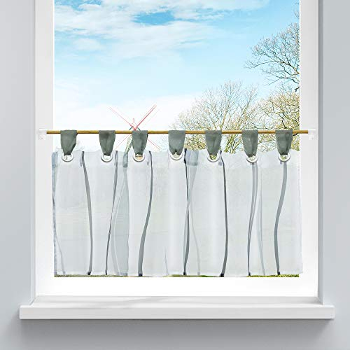 HongYa Scheibengardine transparenter Voile Bistrogardine mit Schlaufen Wellen Muster H/B 60/90 cm Grau