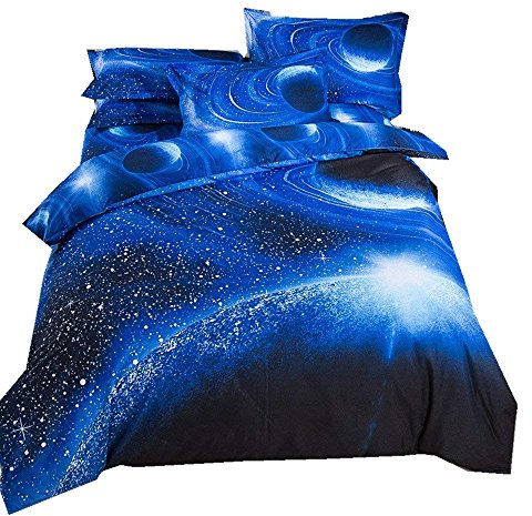 Bettbezug Set 3D Galaxy Sternenhimmel Universum Mond Einhorn Duvet Quilt Und Kissenbezug Einzelbett 135x200cm für Kinder, Jungen, Mädchen Bettwäsche-Set (Umlaufbahn des blauen Planeten, 135 x 200 cm)
