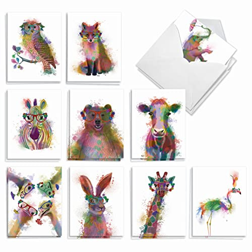 The Best Card Company Assorted Watercolor Blank Greeting Card Box Set - Incl. 20 Notecards + Envelopes, 10 Unique Designs for Thank You, Invitations, More - Funky Rainbow Wildlife AM4948OCB-B2x10