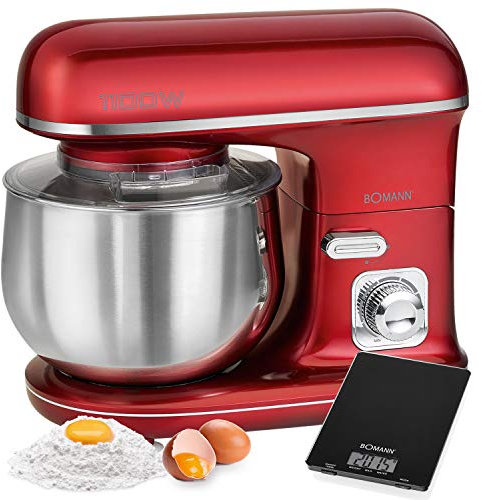 Bomann KM 6010 CB - Robot Batidora amasadora repostería capacidad de 5 litros, velocidad regulable electrónica, 1100 W color rojo + báscula cocina