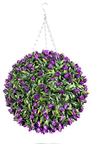 Best Artificial TULIP Flower Ball Lush Long Leaf Topiary Grass (38cm, Purple)