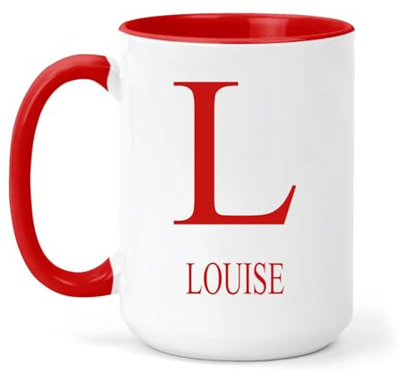 grabmybits Louise Personalized Initial Mug - Custom Name Ceramic Cup for Tea or Coffee Gift - Red