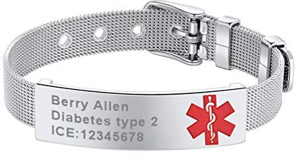 PROSTEEL personalisiert Armband Medical Alert Damen Herren verstellbar Armkette Edelstahl Schild Armband mit Gürtel Schnalle 10mm breit Notfall SOS ICE Ambspange Schmuck Geschenk für Allergie Diabetes