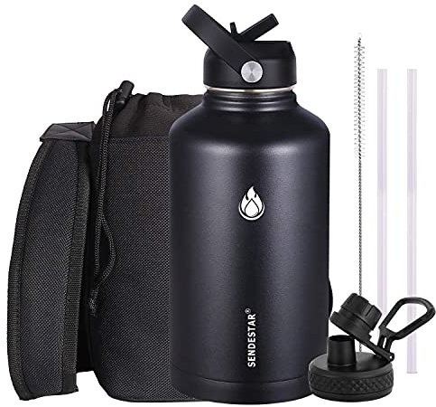 SENDESTAR Stainless Steel Water Bottle 2 Lids 64oz,Double Wall Vacuum Insulated Leak Proof, Wide Mouth Water Bottle with Straw Lid,Spout Lid,Keep Liquids Hot or Cold (64 oz-Black)