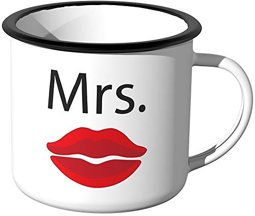 JUNIWORDS Emaille-Tasse, Mrs, roter Kussmund, Silberner Tassenrand