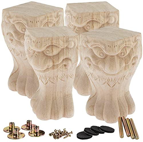 La Vane 6 inch / 15cm Wooden Furniture Legs, Set of 4 European Style Solid Wood Carving Unfinished Furniture Replacement Feet Decoration for Sofa Cabinet Wardrobe Table Loveseat