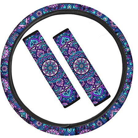 TOADDMOS 1 Set 3 Stück Boho Stil Mandala Lila Blumen Auto Lenkradbezug & Sicherheitsgurt Schulterpolster Universal Fit Auto LKW SUV