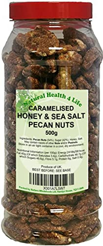 Natural Health 4 Life Caramelised Honey Salted Pecan Nuts 500g, Dairy & Gluten Free, Source of Protein and Fibre, Caramelised Snack Nuts in Recyclable Gift Jar with Screw Lid (1 Jar)