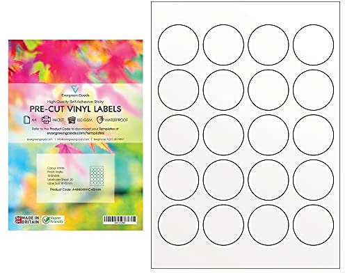 Evergreen Goods runde, vorgeschnittene Aufkleber, wasserfest, 45mm Ø (20 Etiketten pro Blatt, insgesamt 200) 10 Blatt | Tintenstrahl-Laserdrucker, selbstklebend, Vinyl