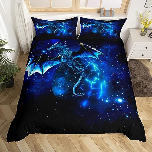 Homemissing Galaxy Dragon Duvet Cover Kids Outer Space Starry Sky Bedding Set Jungle Animals Dragon Bedding & Linen for Boys Child Teens Blue Black Bedding & Linen Double Size