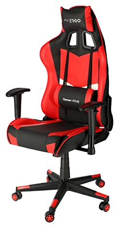 LEVIATAN PRO Ergo - Gaming Stuhl - Bürostuhl Ergonomisch - Einstellbare Armlehne, Neigungswinkel – Höhenverstellbar, Wippfunktion - Drehstuhl Kunstleder, Öko-Leder - (Rot-Schwarz, Gamer Five)