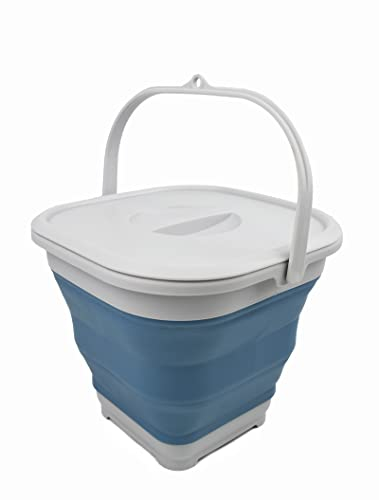SAMMART 5.5L Collapsible Square Handy Bucket with Lid/Foldable SquareWater Pail/Portable Tub with Handle & Lid (Grey/Steel Blue, 1)
