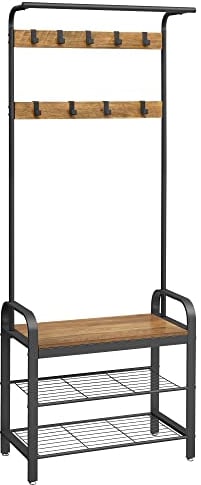VASAGLE Coat Rack, Hall Tree with Shoe Bench for Entryway, 4-in-1, with 9 Removable Hooks, a Hanging Rod, Particleboard, Steel, Rustic Walnut + Black, 13.3 x 28.3 x 72.1 Inches