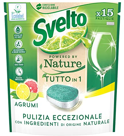 Svelto Powered By Nature Tutto in 1 Pastiglie per Lavastoviglie Pulizia Eccezionale Profumo Agrumi - Confezione da 15 Pastiglie