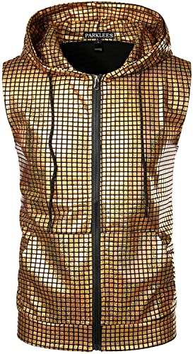 PARKLEES Herren Hipster Metallic Pailletten Reißverschluss Ärmellos Kapuzenweste T-Shirt mit Kängurutasche, SV17-Gold, M
