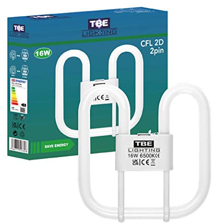 TBE LIGHTING 16w 2D 2-PIN CFL Energy Saving Lamps - DD Fluorescent Bulbs - 2-Pin GR8 Base Fittings - Long Life Lamp, Day Light White 6500K (Single Unit)