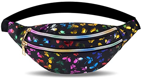 80er 90er Schwarz Bauchtasche Herren Gürteltasche PU Leder Gürteltasche für Festival, Retro Party, Outdoor Hüfttasche zum Wandern Hüfttasche (Blume)