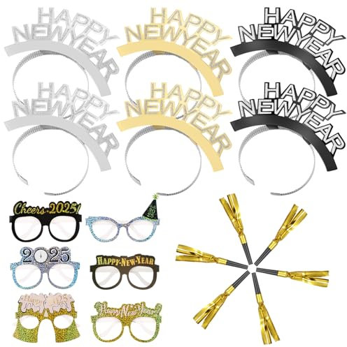 18 Stück Neujahr Party Dekoration 2025 Happy New Year Brillen Stirnband Set Silvester Party Lustige Brillen Glitzer Haarreif für 2025 Party Gebläse für Kinder Erwachsene Silvester Deko