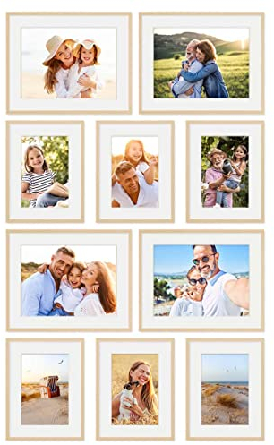 PHOTOLINI Bilderrahmen Set verschiedene Größen, 10 Natur MDF Holz Bilderrahmen mit Passepartout, Bilder Rahmen mit Acrylglas, Bilderrahmenset zum Aufhängen, Fotowand Fotorahmen Set & Zubehör