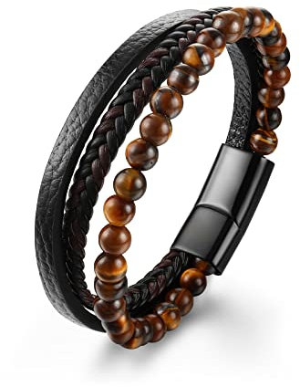 Dochais Herren Armband mit Echtleder und Edelstahl - Jesus Christus Kruzifix Kreuz Armband mit Naturstein und Magnet Verschluss - Schmuck Geschenke für Männer (Braun, 21cm)