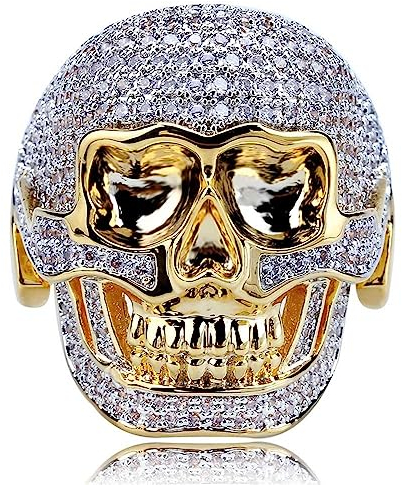 Herren Ring Hip Hop Punk Ring Personalisierte Vintage Schädel Micro-Set Luxus Iced Out Zirkonia Versprechen Ringe für Hochzeit Zeremonie Party,Gold,7