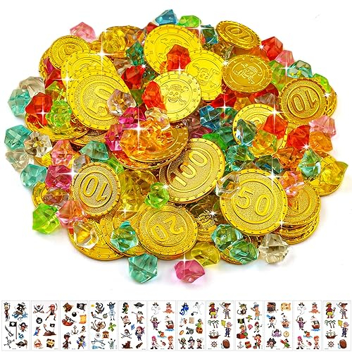 flintronic Goldmünzen Piratenschatz, 212 Stück Piraten Goldmünzen, Piraten Schmucksteine Set, Kinder Piraten Edelsteine, Piratenschatz Goldmünzen für Piratenparty Schatzsuche Spielzeug (100 +100+12)