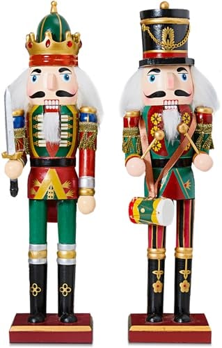 Coppia di schiaccianoci decorativi in legno (30 cm) – Figure da esporre su camino – Abbellimenti per feste invernali – Statuine classiche natalizie – Elementi ornamentali dallo stile tradizionale