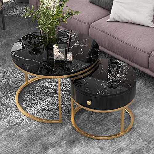 Moimhear Wohnzimmer Tische, Kaffeetische, Nesting Couchtisch Hochglanz Marmormuster 2er Set runde Couchtische Runder Nested Beistelltisch (Schwarz)