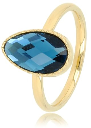 My Bendel - Goldring mit gedrehtem Rand und blauem Glasstein- Stylischer Ring für Frauen mit blauem, facettiertem, tropfenförmigem Glasstein - Bleibt schön und Verfärbt nicht - Stapeln Ringe