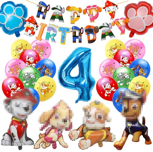 Paw Dog Geburtstag Deko 4 Jahre, Hund Kindergeburtstag Deko 3 Jahre, Paw Dog Luftballons Folienballons Happy Birthday Banner für Thema Kindergeburtstag Party Deko (4)