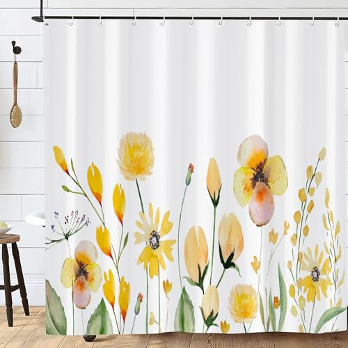 TANGG Rideau de Douche,80 X 180 cm Rideau de Baignoire,Rideaux de Douche Polyester Lavable en Machine avec Ourlet Inférieur Lesté et Crochets,Fleur d'iris Jaune