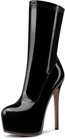 NobleOnly Donna Alto High Spillo Tacco Heel Piattaforma Stivaletti Rotonda Punta Cerniera Metà polpaccio Ballo Dress Stivali 15 CM Heels Nero 37 EU