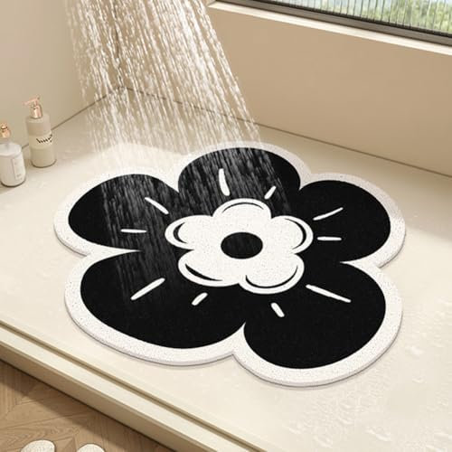 Round Shower Mat Flower Bath Mat for Inside Shower,PVC Loofah Bathroom Floor Mat,Non-Slip Bathmat Anti Mould Shower Mat with Drain,Quick Drying (Black,60x60cm)