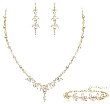 Clearine Wedding Jewellery for Brides Women, Elegant Simulated Pearl Cubic Zirconia Pendant Necklace Marquise Leaf Drop Dangle Earrings Set for Party Prom Clear Gold-Tone