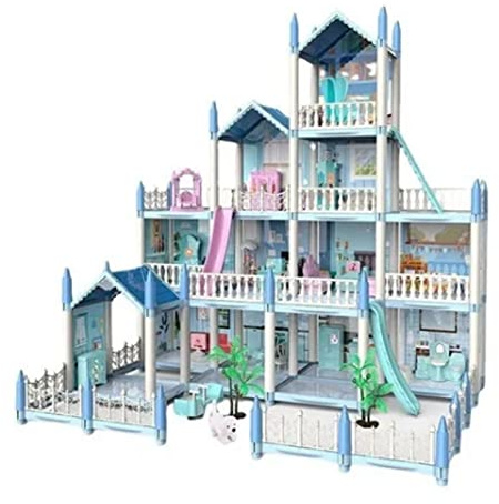 14 Zimmer Puppenhaus DIY Puppenhaus Prinzessin Schloss Spielzeug Möbel Zubehör, Leuchtende Puppenvilla, mit Blau Als Hauptfarbe, Logisches Denken