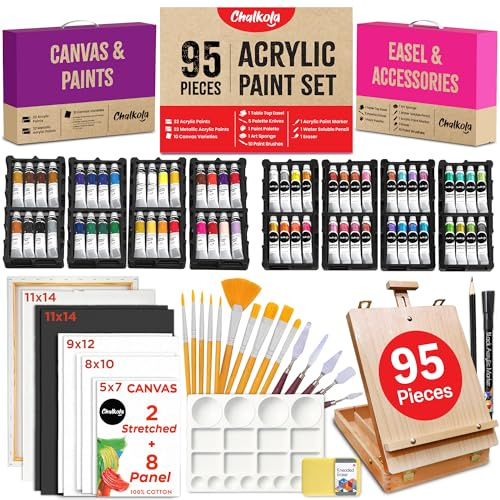 Chalkola 95 Pcs Acrylic Painting Kit for Adults Art - 64 Acrylic Paint Set | Wood Tabletop Easel, Canvas, Art Brushes, Palette, Knife - Professional Canvas Painting Supplies for Artists & Beginners