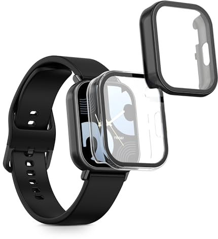 kwmobile Carcasa Compatible con Xiaomi Redmi Watch 5 Lite Funda - 2X Protector Pantalla Completo de Cristal Templado - Ultrafino y antigolpes - Transparente/Negro