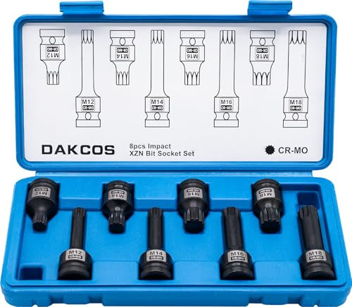 DAKCOS M12 M14 M16 M18 Kraft XZN Vielzahn Schlagschrauber Nüsse 1/2, 8-tlg Innenvielzahn Steckschlüssel Satz, CR-MO