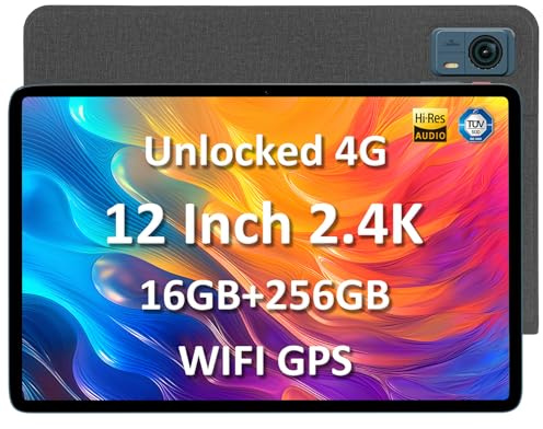 Android Tablet with SIM Card Slot Unlocked with 16GB RAM 256GB ROM 4G LTE WiFi GPS Octa-Core, 12 Inch Large Screen Unlock Cellular Phone Tablet Computer with 8000mAh Dual Camera for Adults Kids