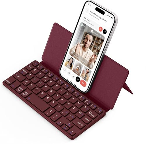 CACOE Clavier Bluetooth Pliable, Mini Clavier sans Fil Double Canal, [AZERTY] Bluetooth avec Support,Mini Ultra Plat, Compatible avec iPad/Phone/Tablette, Android, Windows, Bordeaux