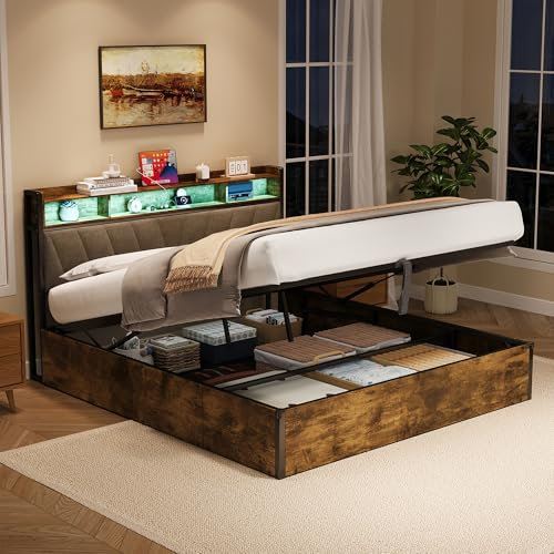 5ft King Size Bed Frame with Hydraulic Lift & RGB LED Storage Headboard, Linen Functional Ottoman Bed with USB Type-C Charging Station, Gas Lift Beds with Storage&Metal Slats,Black+Walnut,No Mattress