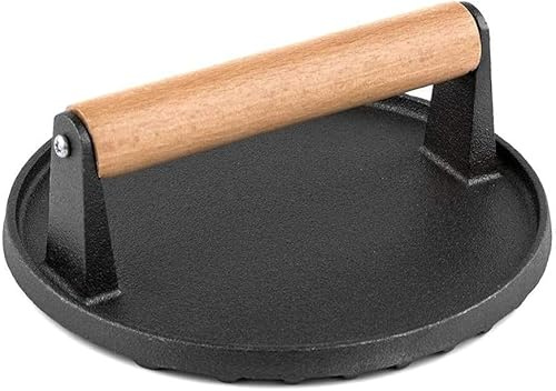 YGHSZ Burger Press Cast Iron, Burger Smasher Press, Wooden Handle, 17.5cm, for Kitchen & Commercial Gradee - Pre Seasoned Sandwich & Grill Press - Quesadillas, Hamburgers & Steaks