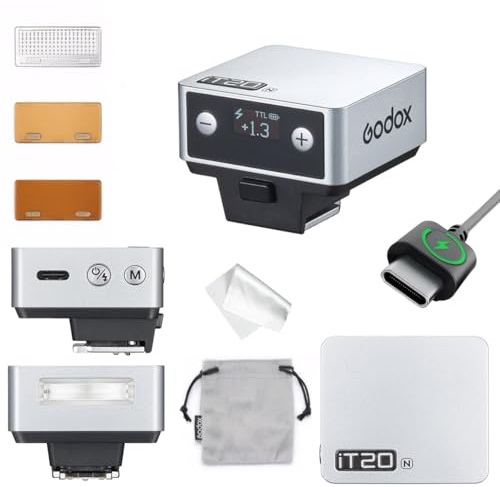 Godox iT20 N/iT20N für Nikon, Mini TTL Kamerablitz, 45 g, 700 Blitze | 1,5 s Blitzfolgezeit, USB-C, magnetischer Lichtverteiler + 2 Farbfilter, M/TTL-Schnellwechsel, 1/32–1/1 für Reise & Street