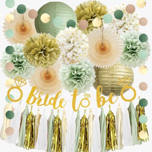 Sage Green Bridal Shower Decorations Hen Party Decorations Gold Bride to Be Sage Green and Gold Bachelorette Party Decor Paper Poms Beige Lanterns Kit with Cream White Tassel Garland for Engagement